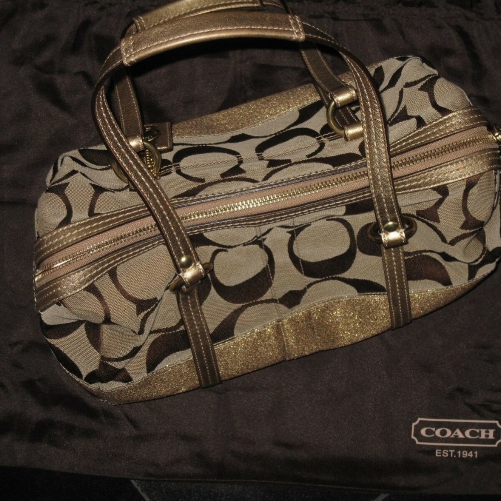 STUNNING VINTAGE PRISTINE METALLIC COACH KHAKI SIGNATURE GOLD SATCHEL HANDBAG - Picture 6 of 13